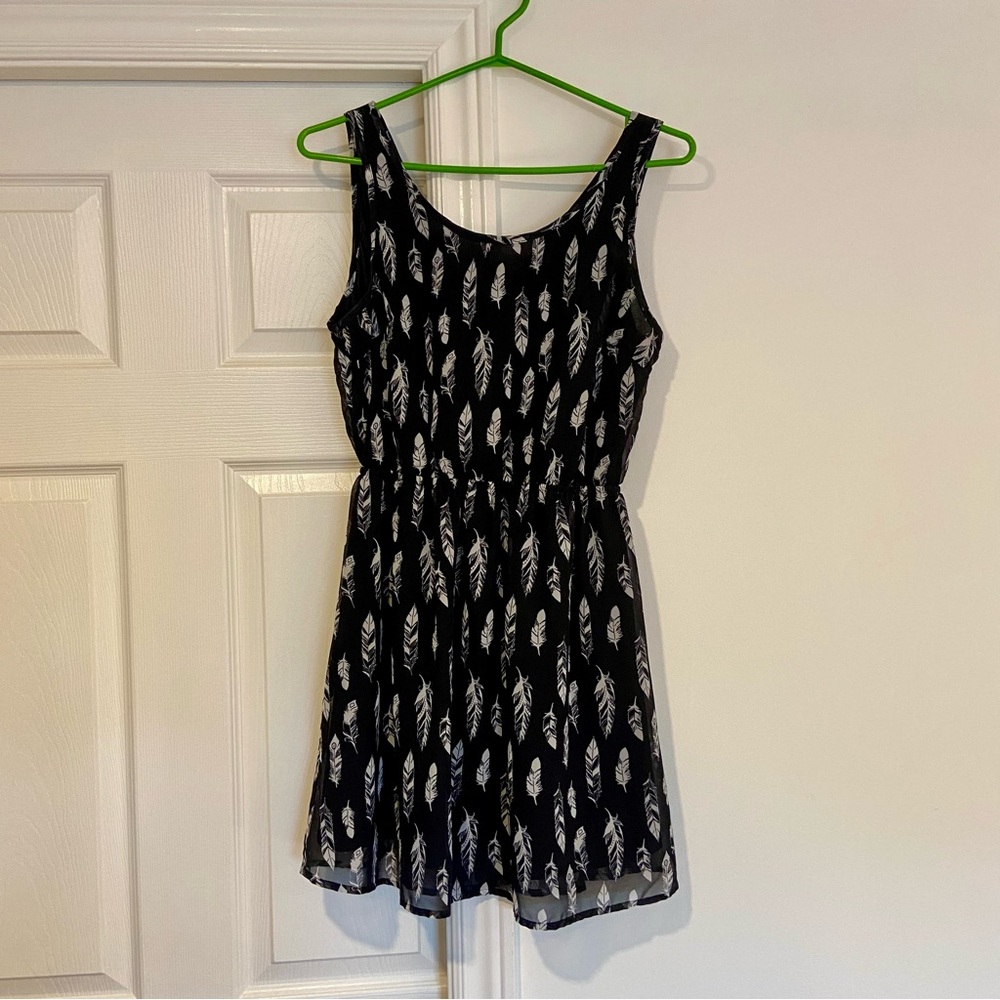 Divided Black Mini Dress with White Feather Print